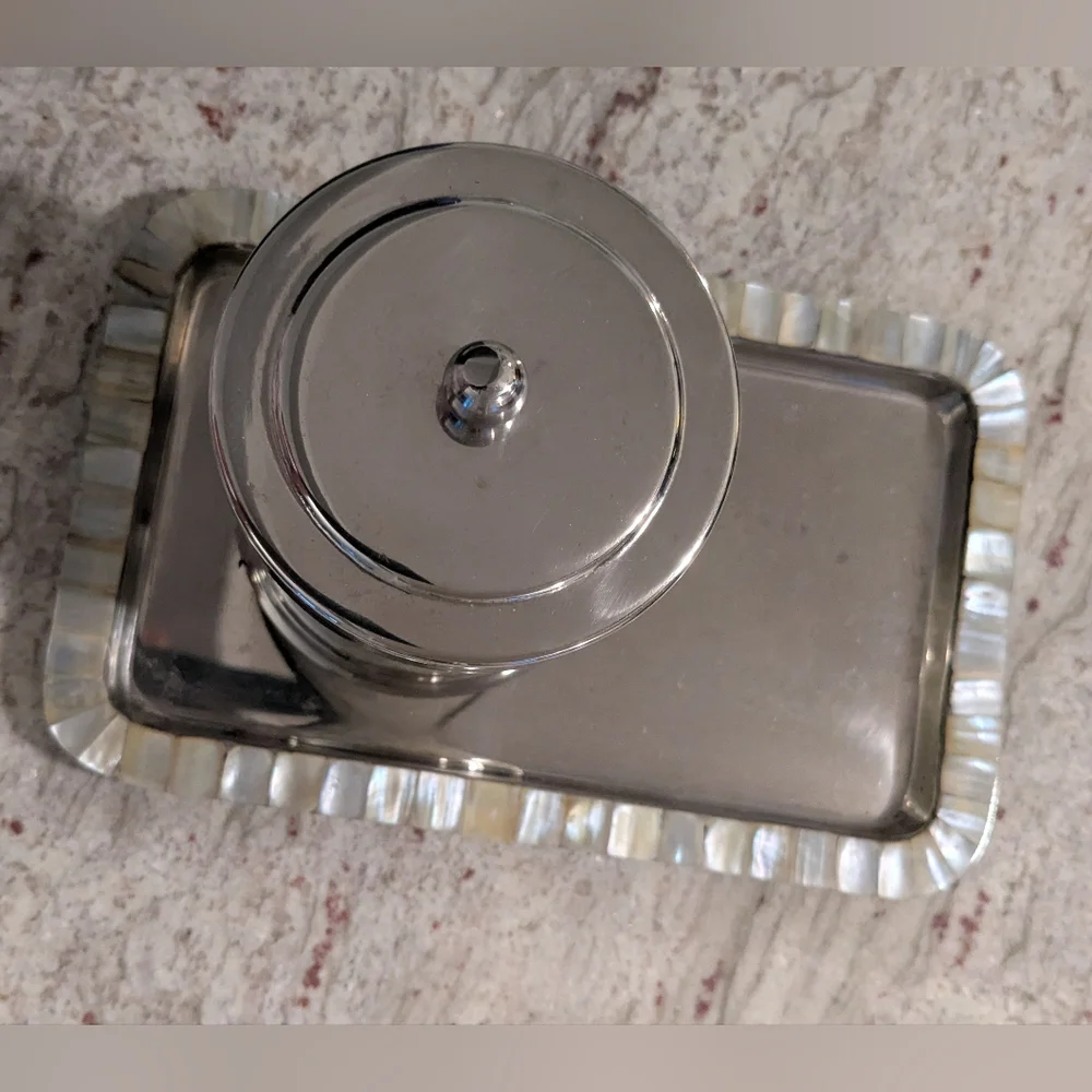 Pier One 2 Pc Mother Of Pearl Chrome Shiny Bath Accessories Lidded Canister Tray